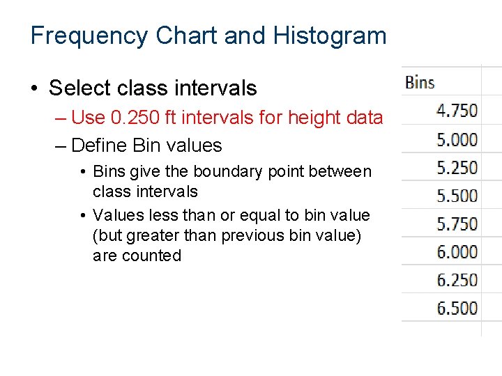 Frequency Chart and Histogram • Select class intervals – Use 0. 250 ft intervals