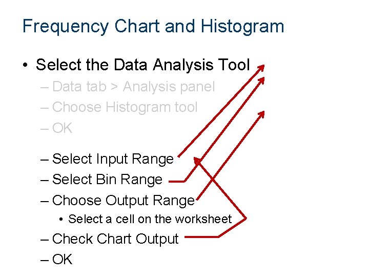 Frequency Chart and Histogram • Select the Data Analysis Tool – Data tab >