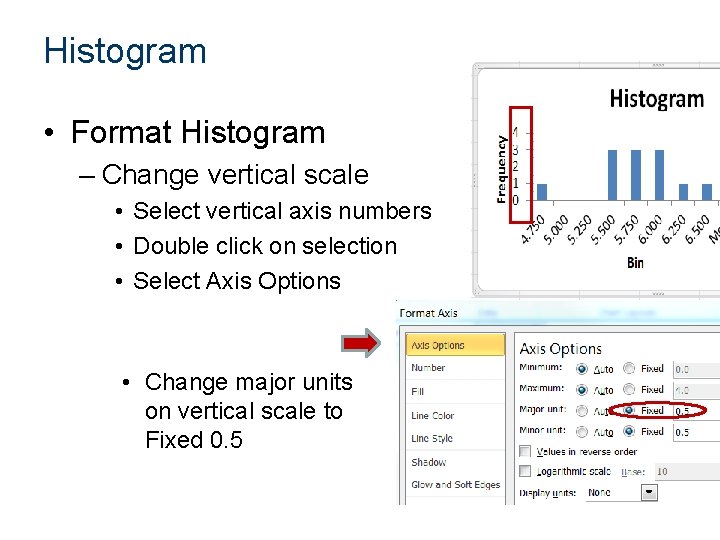 Histogram • Format Histogram – Change vertical scale • Select vertical axis numbers •