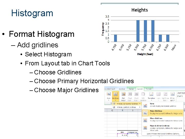 Histogram • Format Histogram – Add gridlines • Select Histogram • From Layout tab