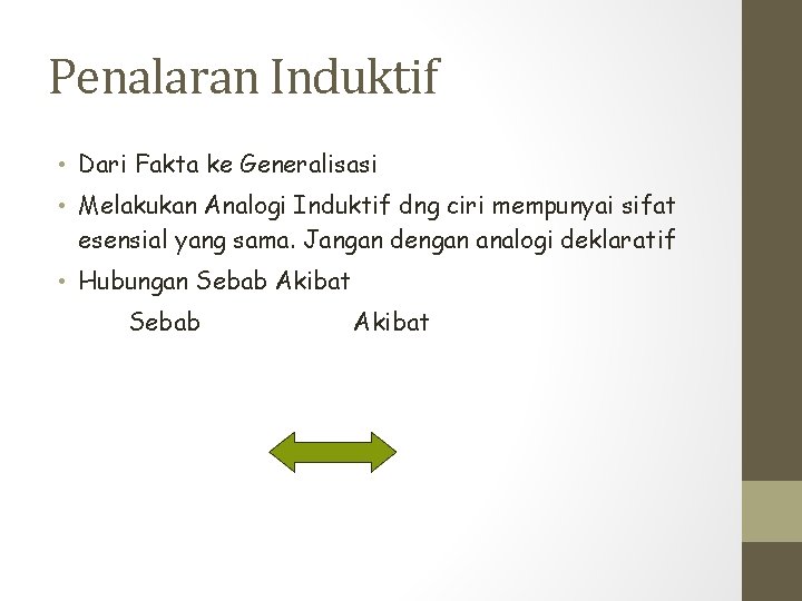 Penalaran Induktif • Dari Fakta ke Generalisasi • Melakukan Analogi Induktif dng ciri mempunyai