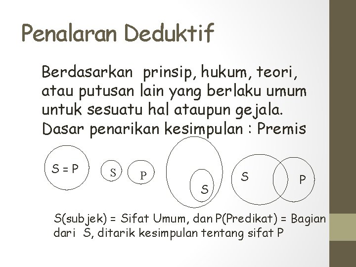 Penalaran Deduktif Berdasarkan prinsip, hukum, teori, atau putusan lain yang berlaku umum untuk sesuatu