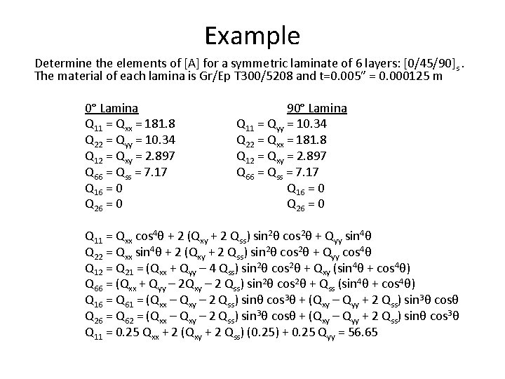 Example Determine the elements of [A] for a symmetric laminate of 6 layers: [0/45/90]