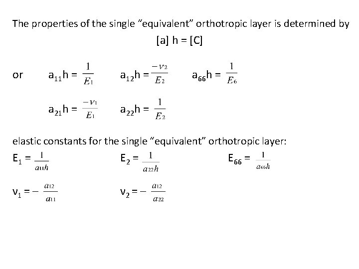 The properties of the single “equivalent” orthotropic layer is determined by [a] h =