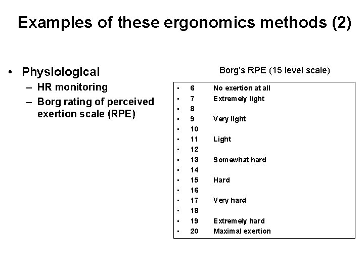 Examples of these ergonomics methods (2) • Physiological – HR monitoring – Borg rating