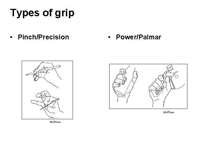 Types of grip • Pinch/Precision • Power/Palmar Mc. Phee 