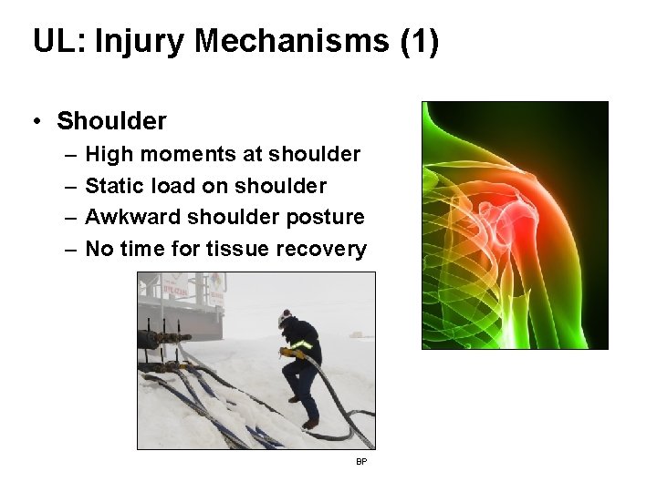 UL: Injury Mechanisms (1) • Shoulder – – High moments at shoulder Static load