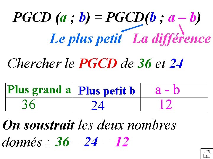 PGCD (a ; b) = PGCD(b ; a – b) Le plus petit La