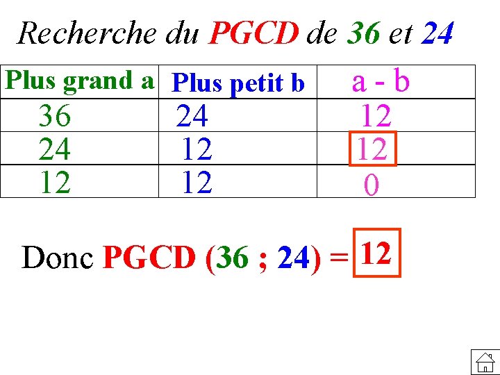 Recherche du PGCD de 36 et 24 Plus grand a Plus petit b a