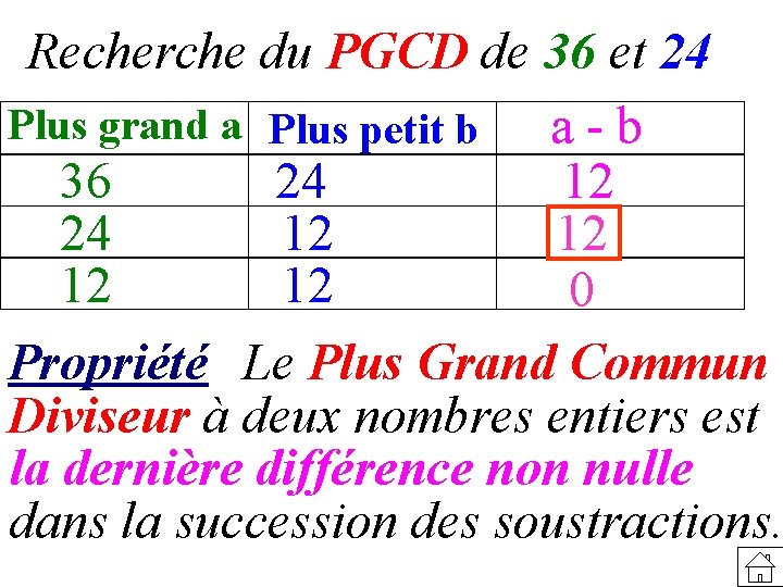 Recherche du PGCD de 36 et 24 Plus grand a Plus petit b a