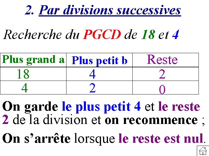 2. Par divisions successives Recherche du PGCD de 18 et 4 Reste 18 4