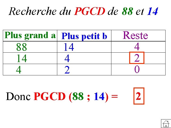 Recherche du PGCD de 88 et 14 Plus grand a Plus petit b 88