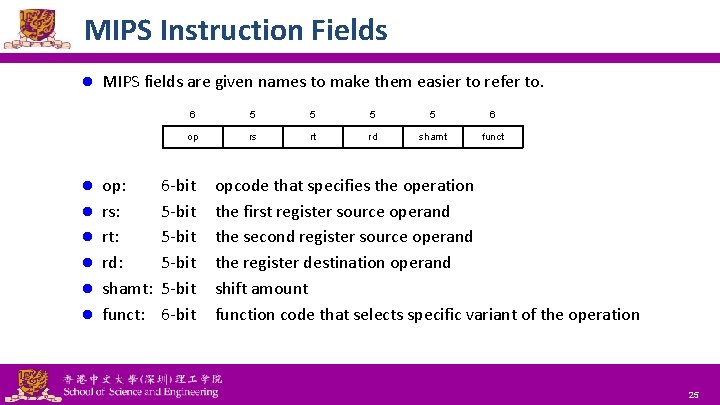 MIPS Instruction Fields l l l l MIPS fields are given names to make