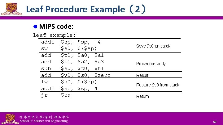 Leaf Procedure Example(2) l MIPS code: leaf_example: addi $sp, -4 sw $s 0, 0($sp) Leaf Procedure Example(2) l MIPS code: leaf_example: addi $sp, -4 sw $s 0, 0($sp)