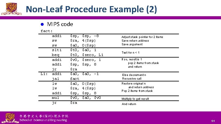 Non-Leaf Procedure Example (2) l MIPS code fact: addi sw sw slti beq addi