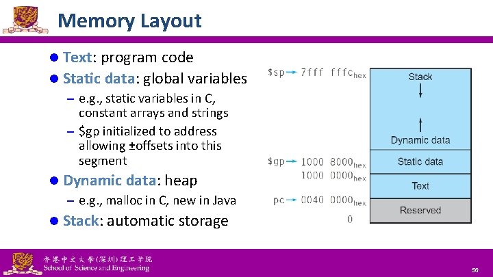 Memory Layout l Text: program code l Static data: global variables – e. g.