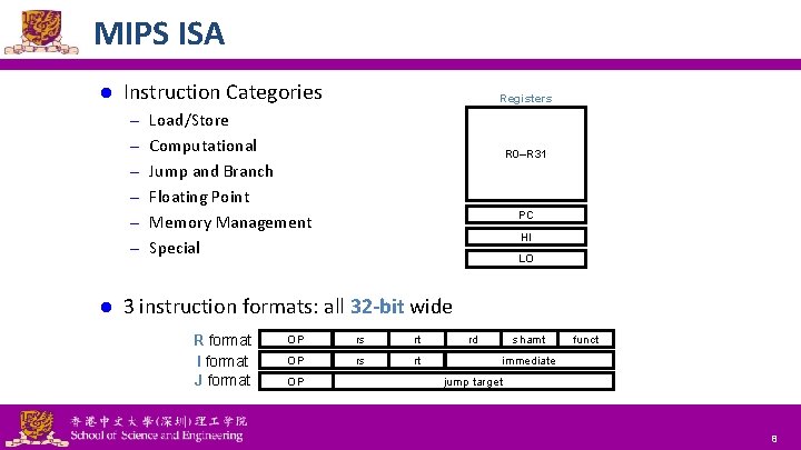 MIPS ISA l Instruction Categories Registers – Load/Store – Computational R 0–R 31 – MIPS ISA l Instruction Categories Registers – Load/Store – Computational R 0–R 31 –