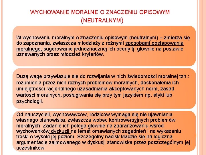 WYCHOWANIE MORALNE O ZNACZENIU OPISOWYM (NEUTRALNYM) W wychowaniu moralnym o znaczeniu opisowym (neutralnym) – WYCHOWANIE MORALNE O ZNACZENIU OPISOWYM (NEUTRALNYM) W wychowaniu moralnym o znaczeniu opisowym (neutralnym) –