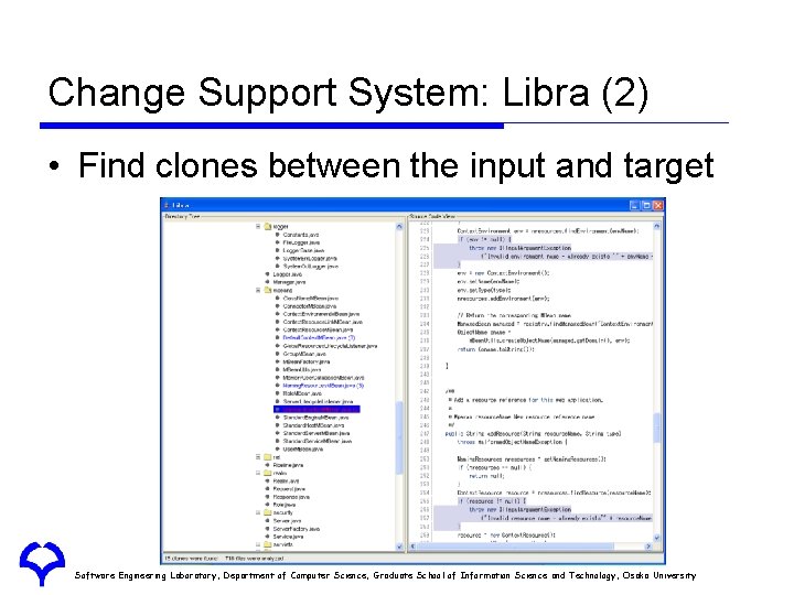 Change Support System: Libra (2) • Find clones between the input and target Software