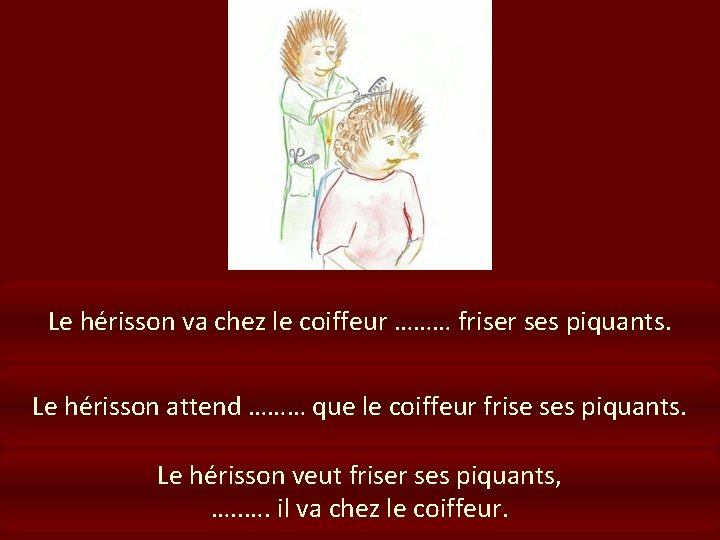 Le hérisson va chez le coiffeur ……… friser ses piquants. Le hérisson attend ………