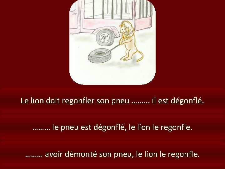 Le lion doit regonfler son pneu …. …. . il est dégonflé. ……… le