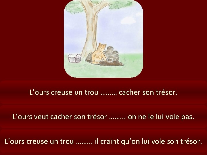 L’ours creuse un trou ……… cacher son trésor. L’ours veut cacher son trésor …….