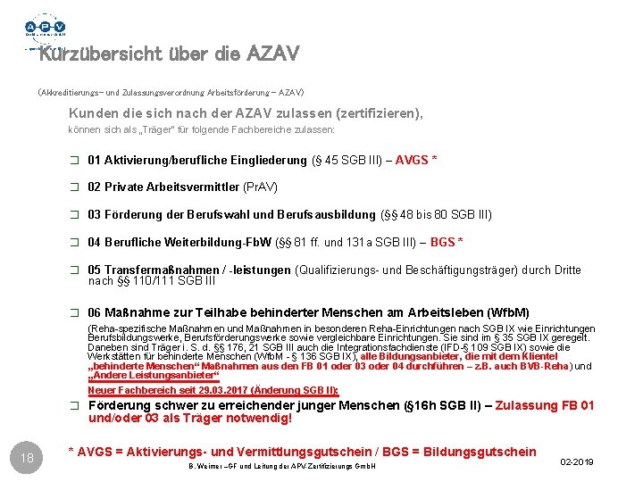 Kurzübersicht über die AZAV (Akkreditierungs- und Zulassungsverordnung Arbeitsförderung - AZAV) Kunden die sich nach