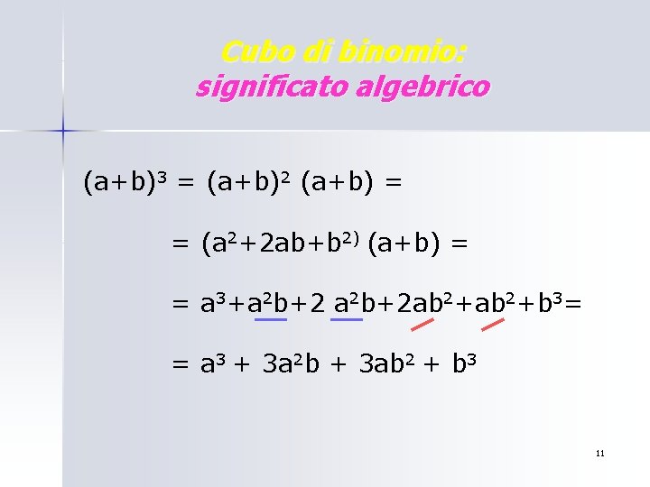 Cubo di binomio: significato algebrico (a+b)3 = (a+b)2 (a+b) = = (a 2+2 ab+b Cubo di binomio: significato algebrico (a+b)3 = (a+b)2 (a+b) = = (a 2+2 ab+b