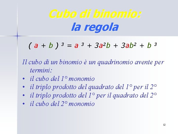 Cubo di binomio: la regola (a+b) 3 =a 3 + 3 a 2 b Cubo di binomio: la regola (a+b) 3 =a 3 + 3 a 2 b