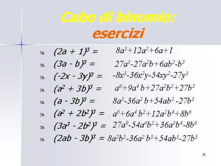 Cubo di binomio: esercizi @ @ @ @ 8 a 3+12 a 2+6 a+1 Cubo di binomio: esercizi @ @ @ @ 8 a 3+12 a 2+6 a+1