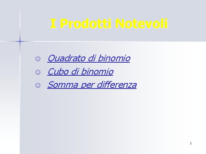 I Prodotti Notevoli J J J Quadrato di binomio Cubo di binomio Somma per I Prodotti Notevoli J J J Quadrato di binomio Cubo di binomio Somma per