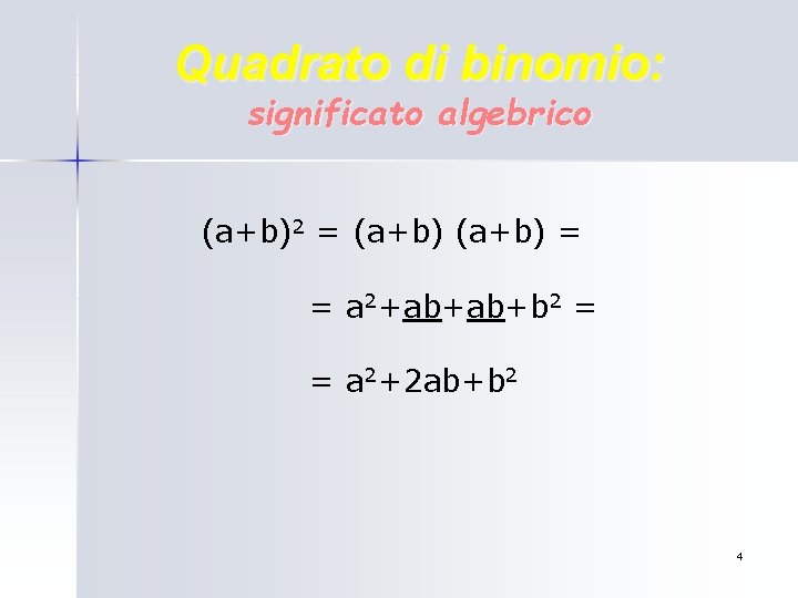 Quadrato di binomio: significato algebrico (a+b)2 = (a+b) = = a 2+ab+ab+b 2 = Quadrato di binomio: significato algebrico (a+b)2 = (a+b) = = a 2+ab+ab+b 2 =