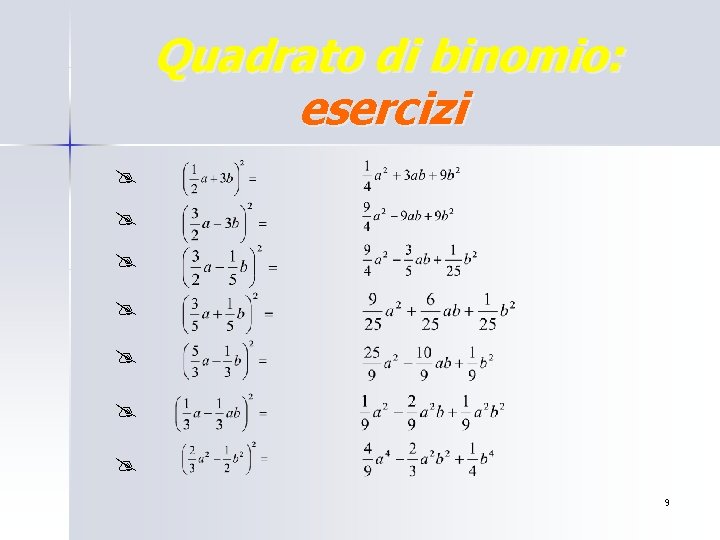 Quadrato di binomio: esercizi @ @ @ @ 9 Quadrato di binomio: esercizi @ @ @ @ 9