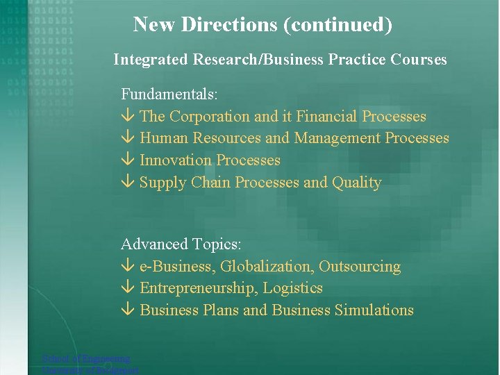 New Directions (continued) Integrated Research/Business Practice Courses Fundamentals: The Corporation and it Financial Processes