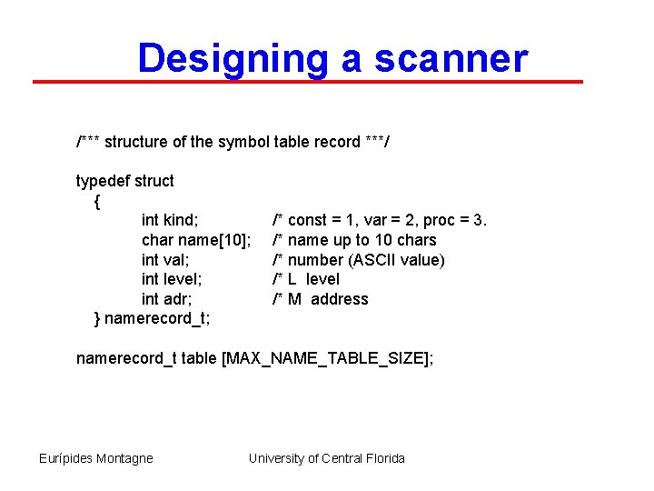 Designing a scanner /*** structure of the symbol table record ***/ typedef struct {