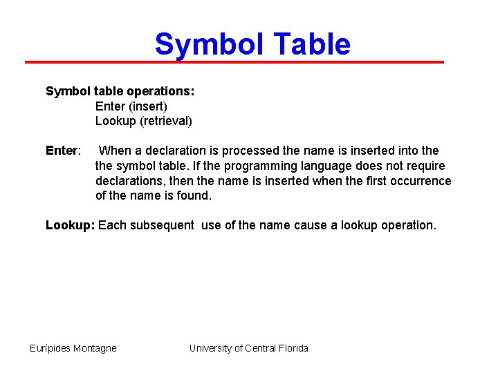 Symbol Table Symbol table operations: Enter (insert) Lookup (retrieval) Enter: When a declaration is