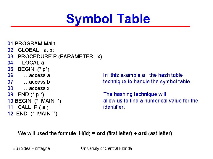 Symbol Table 01 PROGRAM Main 02 GLOBAL a, b; 03 PROCEDURE P (PARAMETER x)