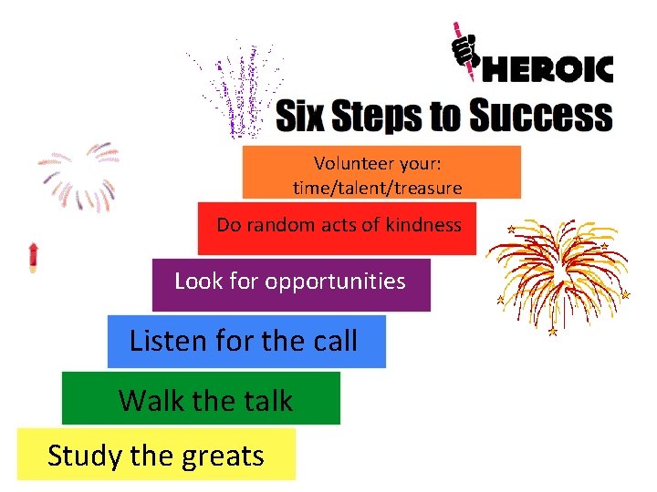 Volunteer your: time/talent/treasure Do random acts of kindness Look for opportunities Listen for the