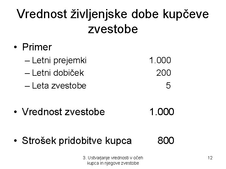 Vrednost življenjske dobe kupčeve zvestobe • Primer – Letni prejemki – Letni dobiček –