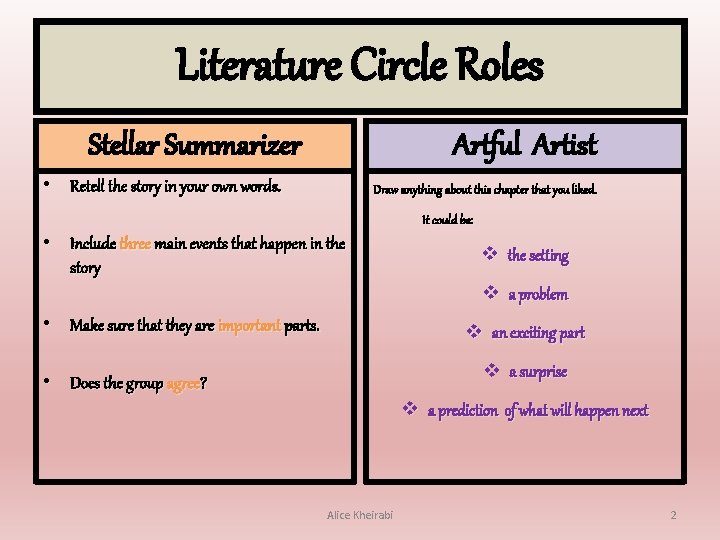 Literature Circle Roles Stellar Summarizer Artful Artist • Retell the story in your own