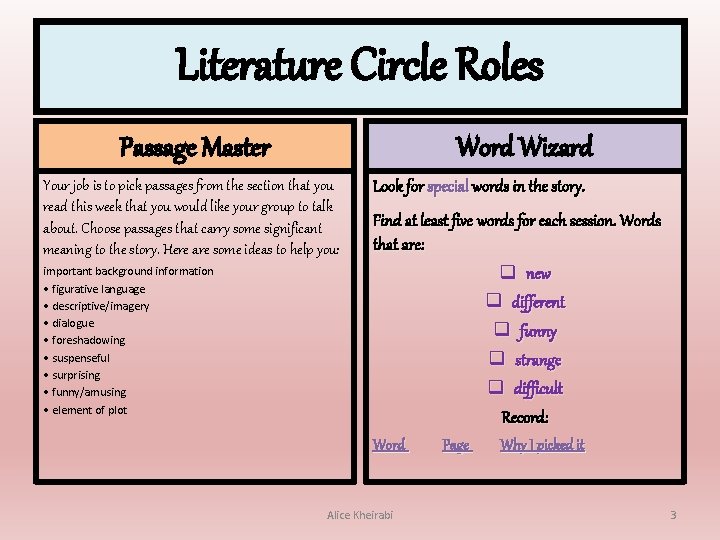 Literature Circle Roles Passage Master Word Wizard Your job is to pick passages from