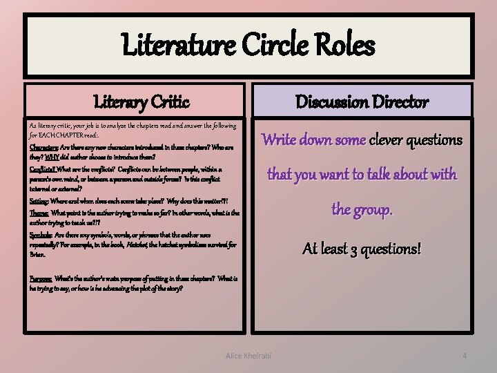 Literature Circle Roles Literary Critic Discussion Director As literary critic, your job is to