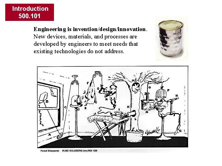 Introduction 500. 101 Engineering is invention/design/innovation. New devices, materials, and processes are developed by