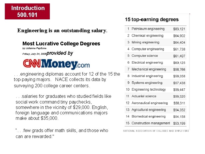 Introduction 500. 101 Engineering is an outstanding salary. Most Lucrative College Degrees by Julianne