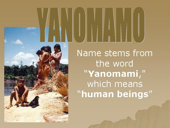 Name stems from the word “Yanomami, ” which means “human beings” 