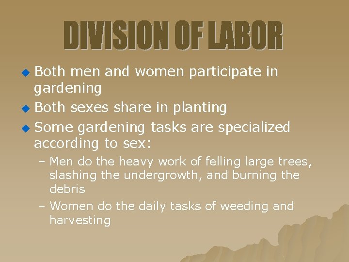 Both men and women participate in gardening u Both sexes share in planting u