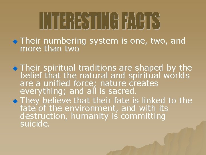 u Their numbering system is one, two, and more than two Their spiritual traditions