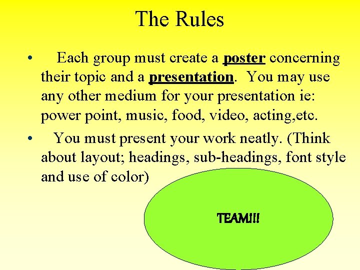 The Rules • Each group must create a poster concerning their topic and a