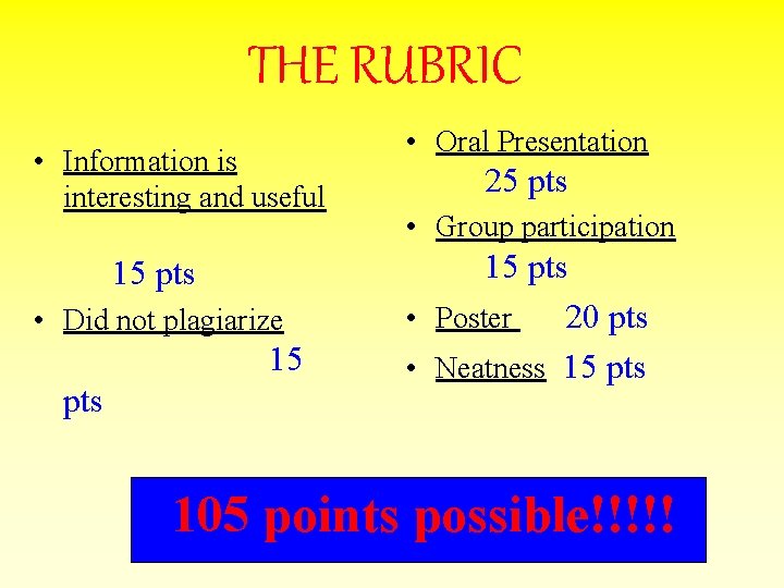 THE RUBRIC • Information is interesting and useful 15 pts • Did not plagiarize