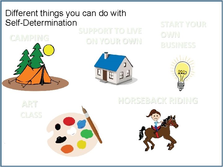 Different things you can do with Self-Determination SUPPORT TO LIVE CAMPING ON YOUR OWN